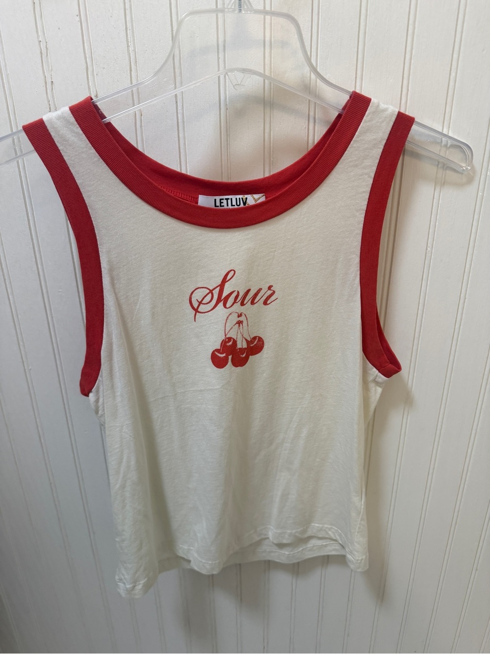 Anthropologie White Tank Top with Red Trim & Cherry Graphic